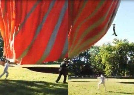 Cet homme a causé un rire général en ayant un pied attaché à une montgolfière qui vient de décoller