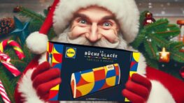 Lidl cartonne avec sa bûche de Noël bleue, jaune et rouge